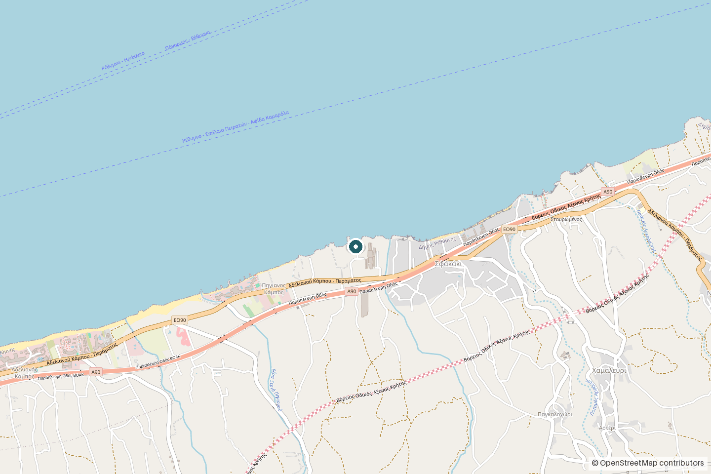 Map of Pigianos Kampos with Aqua Luna Bay marked on the beach